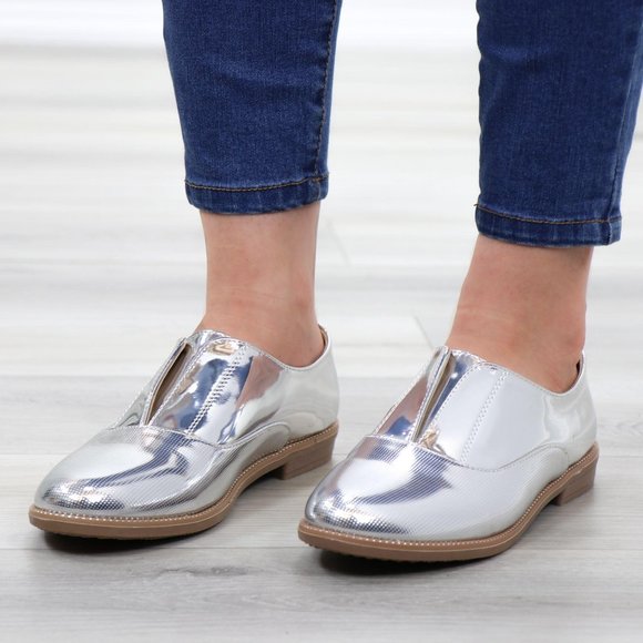 Silver Patent Flat Slip On Oxford Loafers - Picture 15 of 15